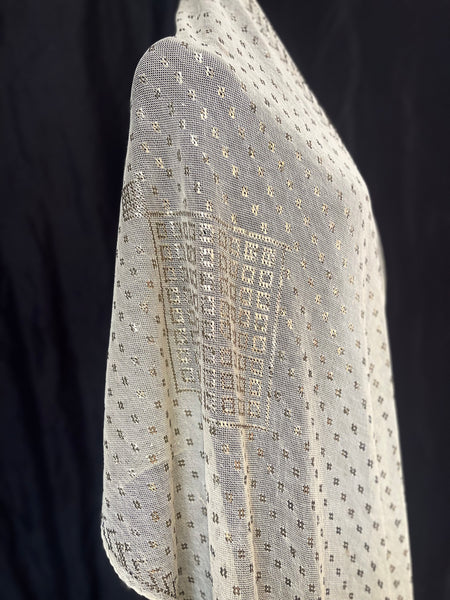 Art Deco Assuit Shawl Hand Embroidered White with Silver Metal Thread: C1920 Egypt