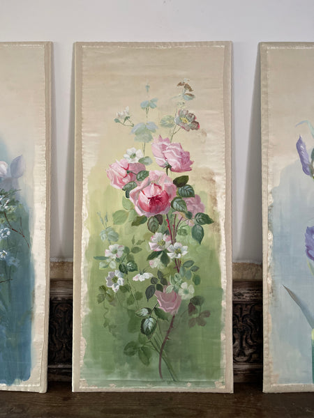Set of Three Hand Painted Floral Silk Wall Panels :C1920 England