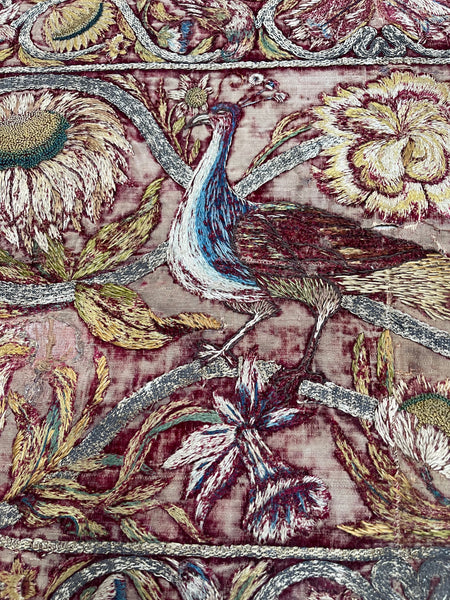 Early Silk and Metal Thread Embroidered Velvet Panel with Peacock and Flowers: C17th Italy or Spain
