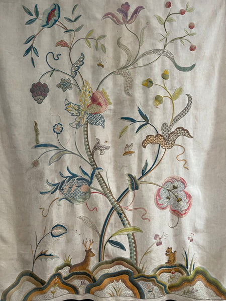 Antique Arts and Crafts Jacobean Revival Crewelwork Tree of Life Wallhanging: Early C20th Britain
