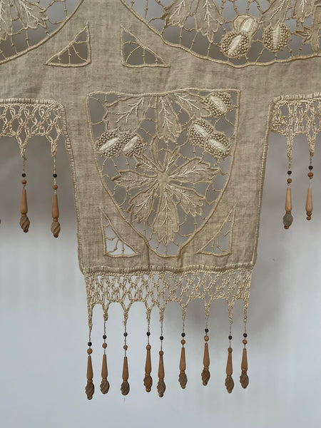 Antique Richelieu Hand Embroidered Pelmet or Café Curtain with Carved Beaded Fringe: C1900 France