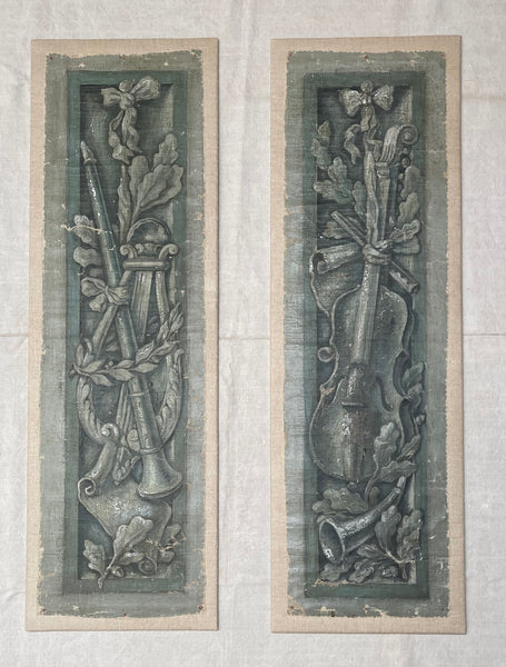 Pair Antique Trompe L’oiel Hand-painted Panels with Neo Classical Music Theme: C19th France