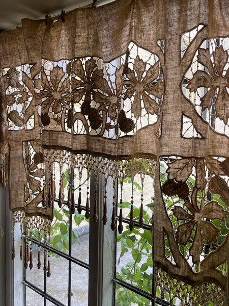Antique Richelieu Hand Embroidered Pelmet or Café Curtain with Carved Beaded Fringe: C1900 France