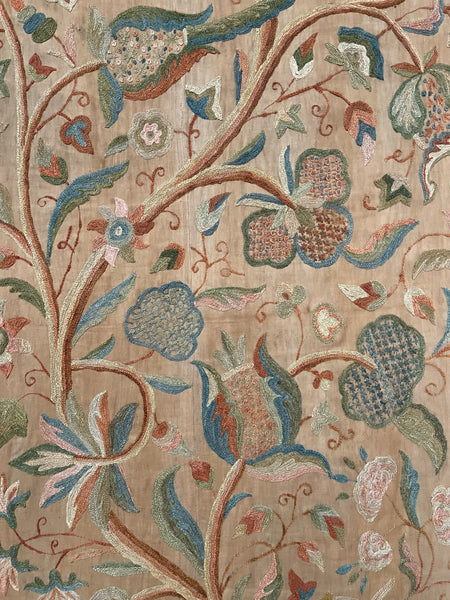 Antique Jacobean Revival Tree of Life Crewelwork Wall Hanging: C1900 Kashmir, India