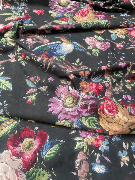 Original Antique Block Printed Chintz with Birds of Paradise and Florals: Late 18th early 19th century