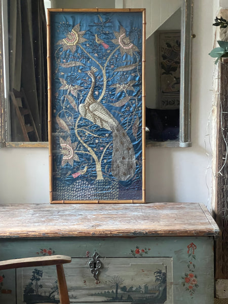 Antique Zardozi Embroidery Peacock & Tree of Life in Original Frame: C1900 India for export