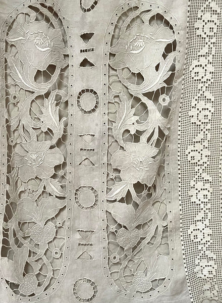 Antique Cutwork Embroidered Richelieu Lace Wallhanging Curtain Panel: C1900 - 1910 France