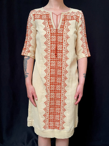 Hand Embroidered Cross Stitch Cheesecloth Dress: C20th Europe