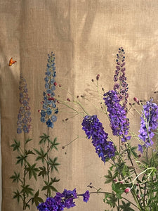 Hand Embroidered Linen Wallhanging with Delphiniums: C1930s Britain