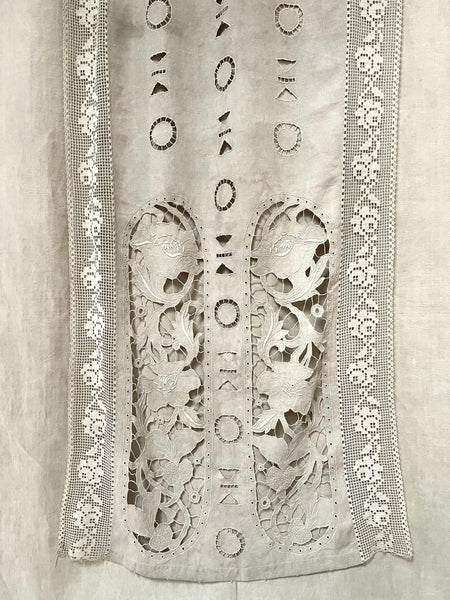 Antique Cutwork Embroidered Richelieu Lace Wallhanging Curtain Panel: C1900 - 1910 France
