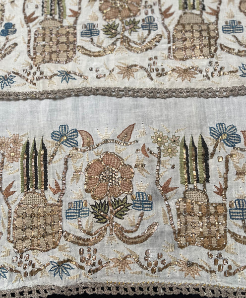 Pair Antique Ottoman Embroideries Silk and Metal Thread With Architectural & Garden Elements: C19th Turkey