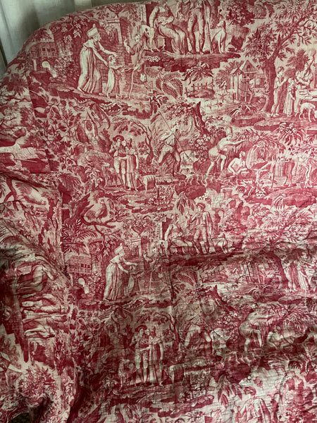 Antique Fine Red and White Toile de Jouey Quilt: C19th France