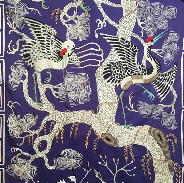 Fine Antique Silk Embroidered Tree of Life Wall Hanging with Cranes: Qing Dynasty, China