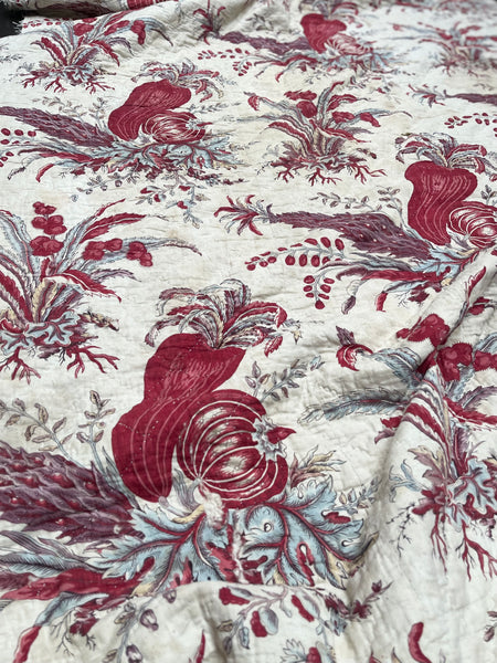 Rare Antique Indiennes Block Print Quilted Panel with Exotic Fruit and Foliage: C18th France