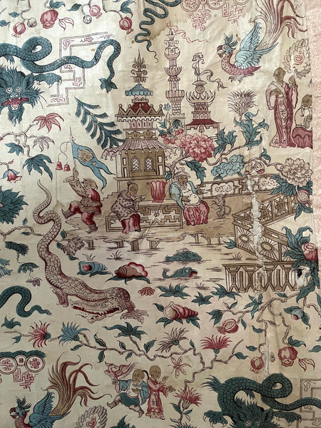 Panel of Georgian Glazed Chintz with Dragons and Exotic Creatures: C1800 England
