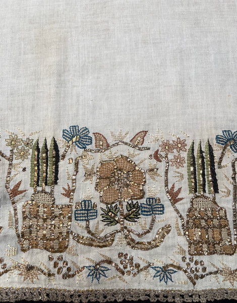 Pair Antique Ottoman Embroideries Silk and Metal Thread With Architectural & Garden Elements: C19th Turkey