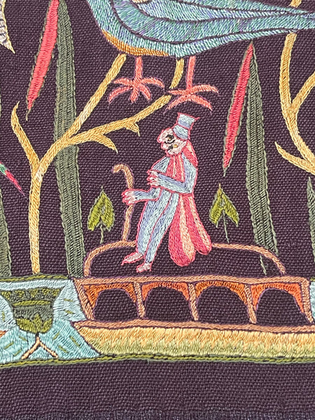 Antique Silk Embroidery with Houseboats, Birds and Florals: Late 19th, Srinagar, Kashmir, India