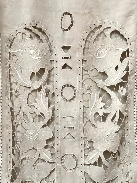 Antique Cutwork Embroidered Richelieu Lace Wallhanging Curtain Panel: C1900 - 1910 France