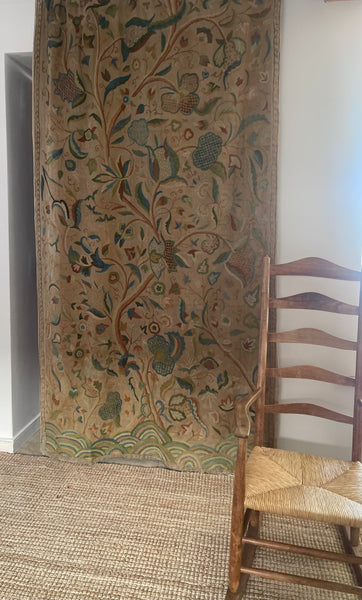 Antique Jacobean Revival Crewelwork Wallhanging with Tree of Life: C20th India for export to Europe