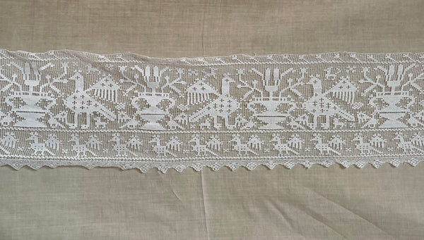 Untitled Antique Filet Lace Valance with Birds & Vases: C19th Europe