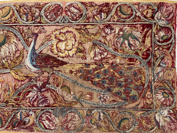 Early Silk and Metal Thread Embroidered Velvet Panel with Peacock and Flowers: C17th Italy or Spain