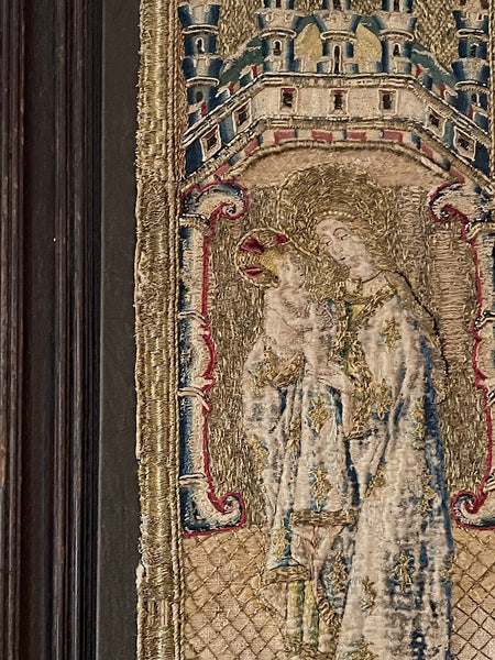 Antique Opus Anglicanum Medieval Orphrey Embroidery Madonna and Child: C16th England