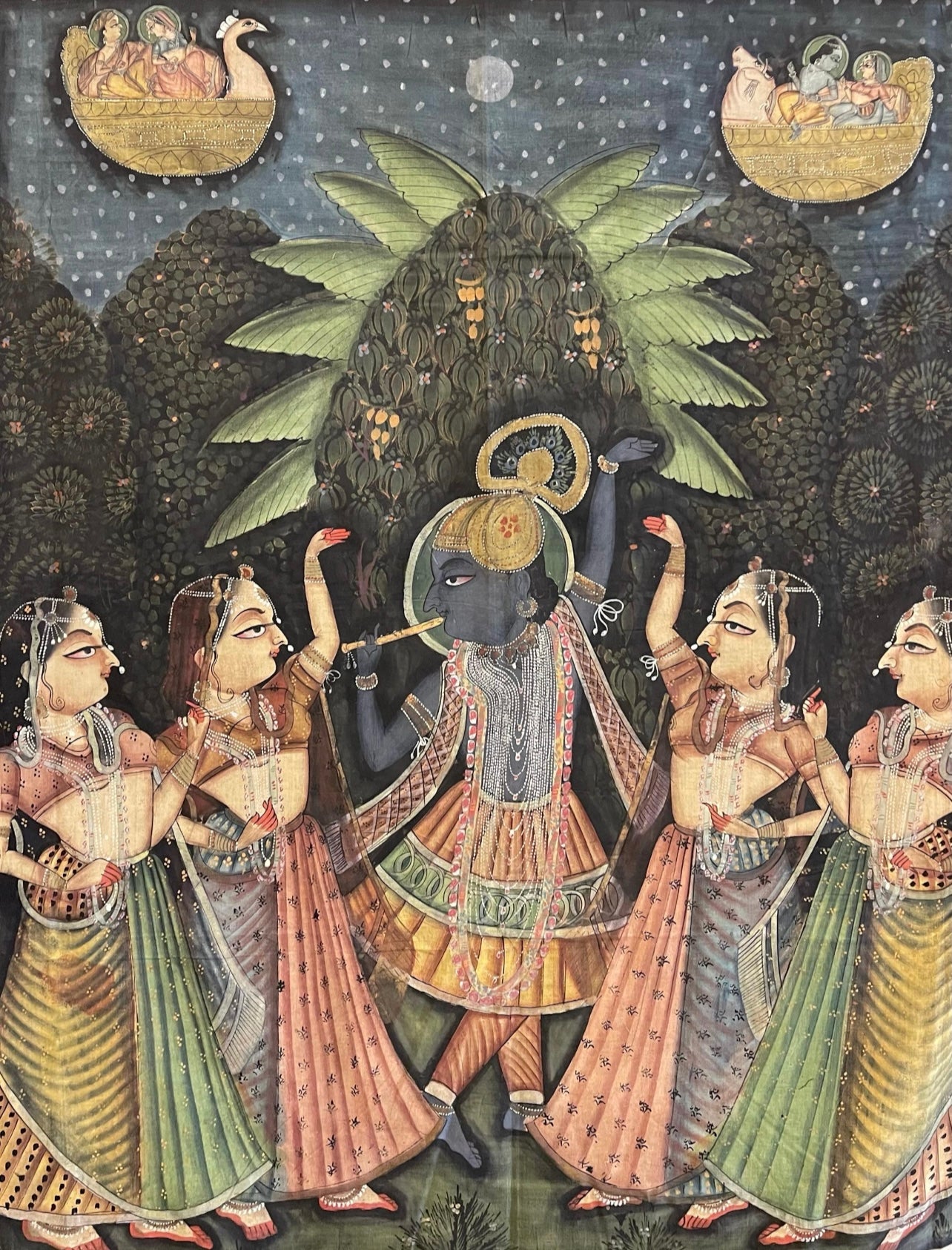 Hand Painted Pichawai Wallhanging Devotional Temple Hanging Krishna: C19th India