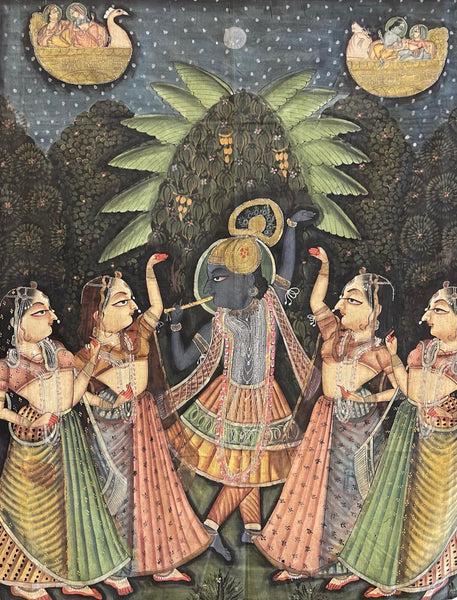 Hand Painted Pichawai Wallhanging Devotional Temple Hanging Krishna: C19th India