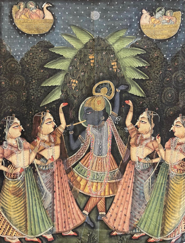 Hand Painted Pichawai Wallhanging Devotional Temple Hanging Krishna: C19th India