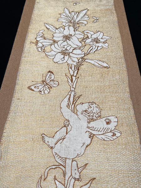Antique Art Nouveau Silk Embroidery with Cupid & Lily in the manner of Walter Crane: C1900 England