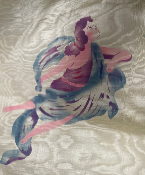 Hand Painted & Stencilled Watered Silky Bedcover Wallhanging: C1930s Italy