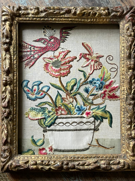 Charming Appliquéd Still Life with Early 18th Century Silk Embroidered Flowers, Bird and Fruit: C1910 English