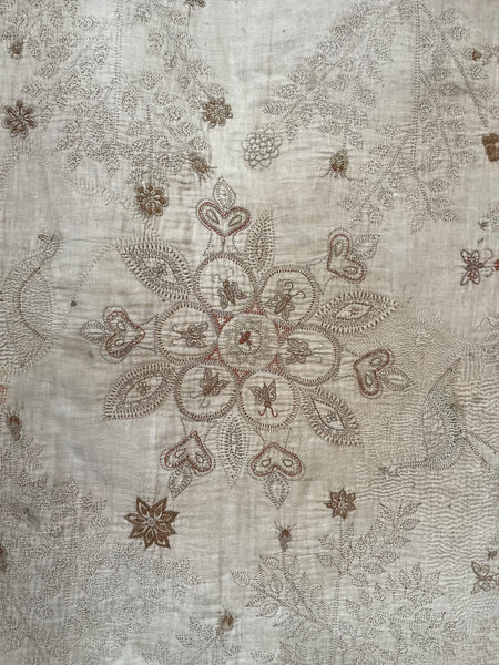 Rare Antique Hand Embroidered Kantha Quilt with Birds & Trees of Life: 19th Century, Bangladesh