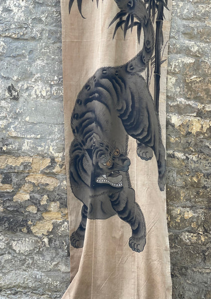 Rare Hand painted Samurai Nobori Banner or Wallhanging with Tiger: C19th Meiji Period, Japan