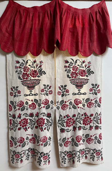 French Pink and Red Striped Ticking Pelmet with Chintz Border: C19th France