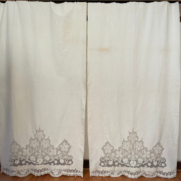 A Pair of Art Nouveau Cutwork and Embroidered Chateau Window Curtain Panels: C1900 France