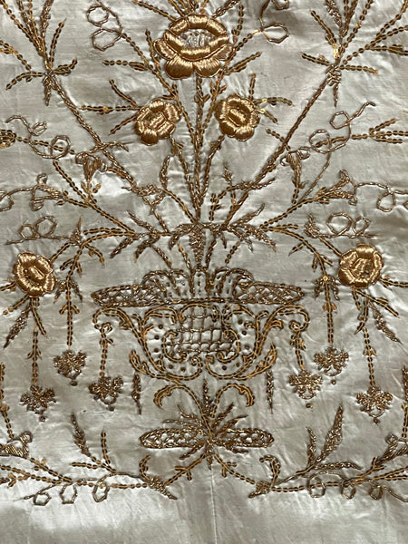 Antique Ottoman Embroidered Powder Blue Silk Satin Gold Embroidered Panels: C19th Turkey