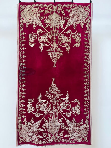 Antique Ottoman Era Magenta Pink Silk Velvet Panel with Traditional Hand Applied Silver Braiding: C19th Algeria