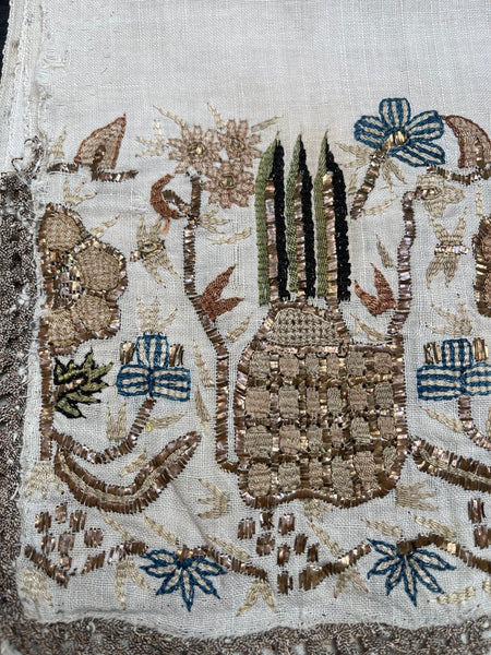 Pair Antique Ottoman Embroideries Silk and Metal Thread With Architectural & Garden Elements: C19th Turkey