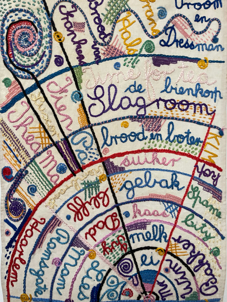 Unique Hand Embroidered Folk Art Sampler Wall Hanging: C1950 England