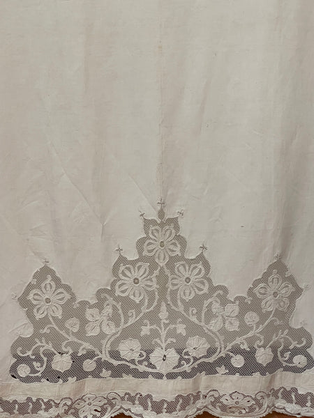 A Pair of Art Nouveau Cutwork and Embroidered Chateau Window Curtain Panels: C1900 France