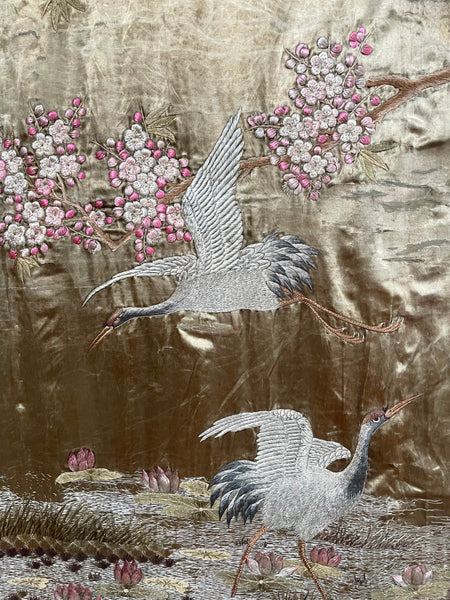 Antique Silk Embroidered Tapestry Wallhanging with Cherry Blossom & Storks: Japanese Meiji Period C19th Century. 223 x 175cm