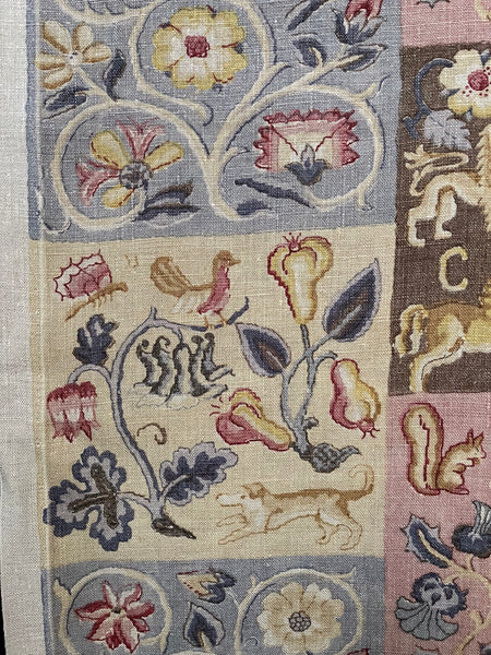 Charming Jacobean Revival Printed Linen Panel with Figures, Animals,  Florals: C1920 England