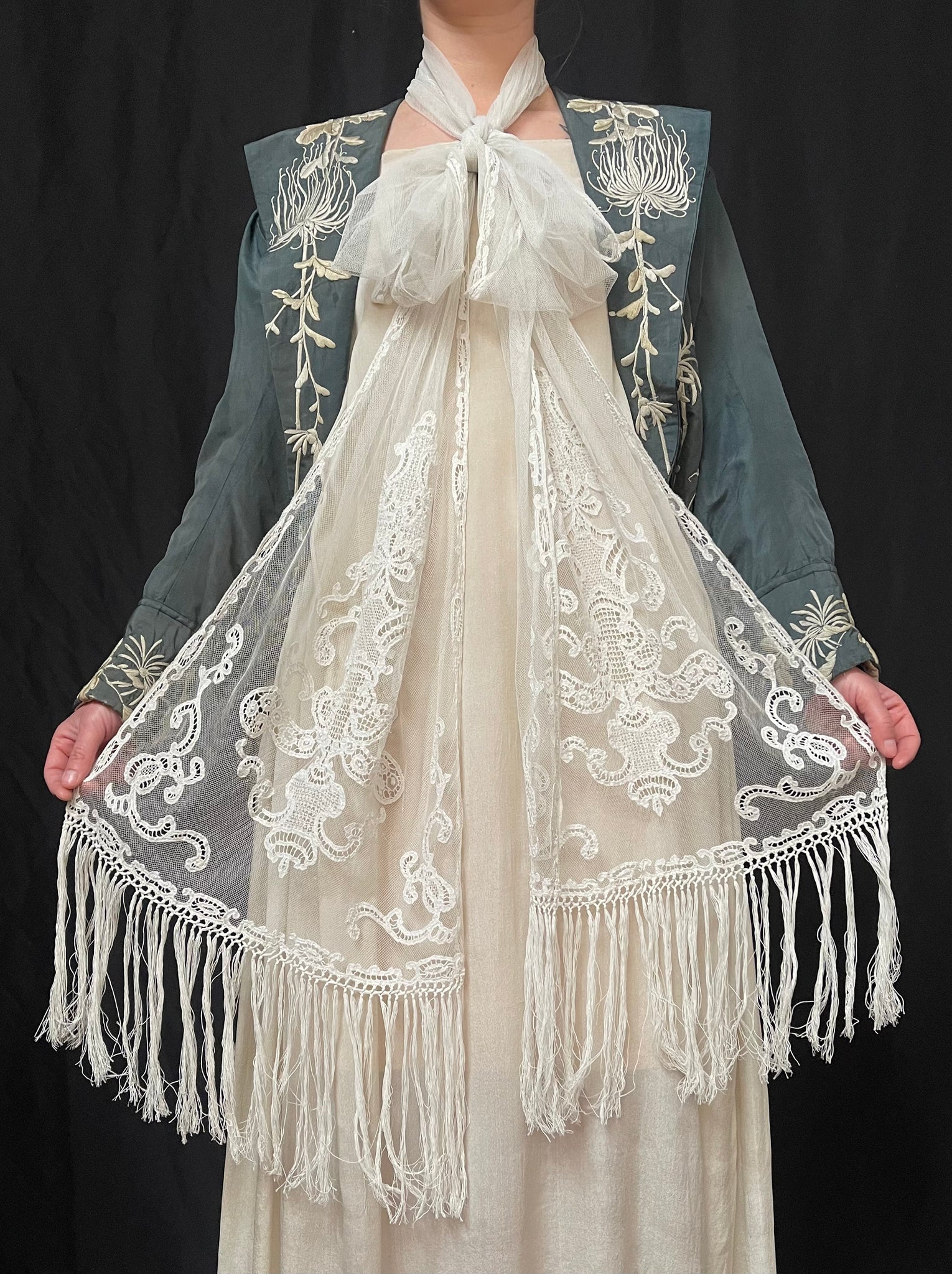 Antique Handmade Lace Stole Wrap: C19th France