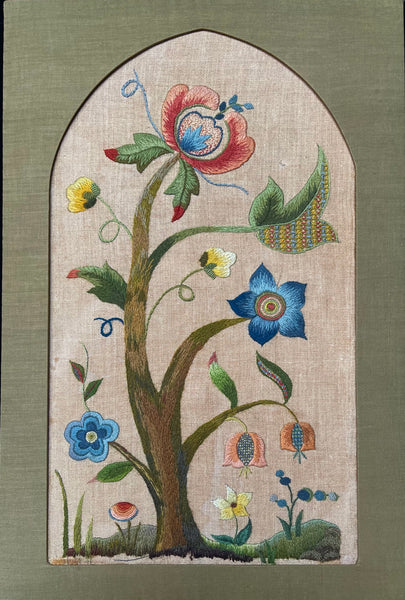 Arts and Crafts Tree of Life Embroidery Jacobean Revival Antique Crewelwork: C1920 Britain