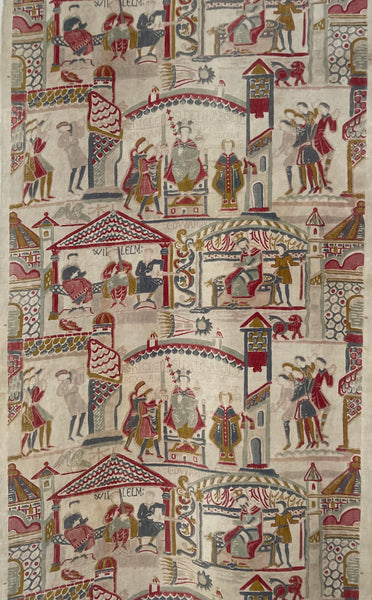 Antique Printed Linen Wallhanging Inspired by Bayeux Tapestry: C1920s Britain