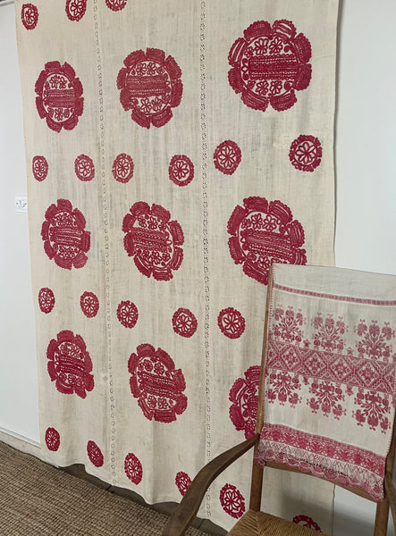 Antique Traditional Folk Embroidered Red and White Embroidered Linen Bedcover: C19th Hungary
