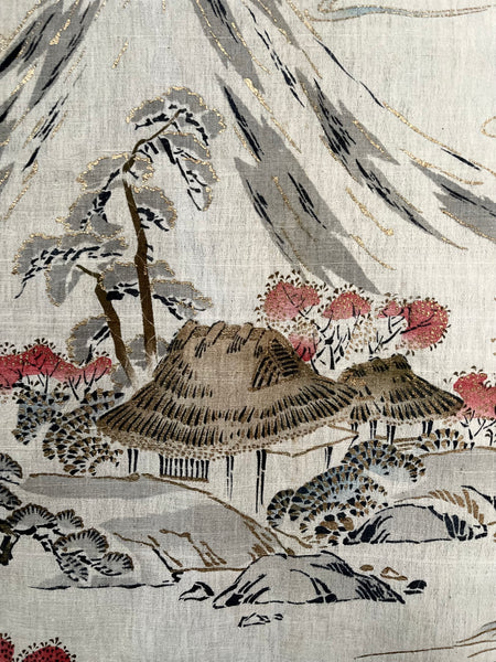 Traditional Block Printed Hand Painted Wallhanging with Mount Fuji: C1930 Japan