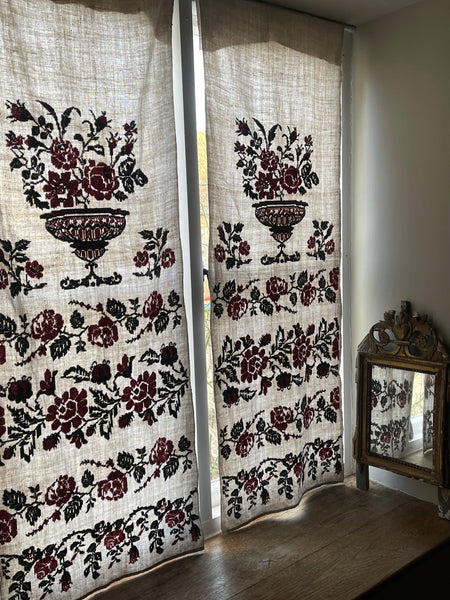 Antique Traditional Hand Embroidered Folk Art Curtain Panels with Urns and Roses: C19th Ukraine