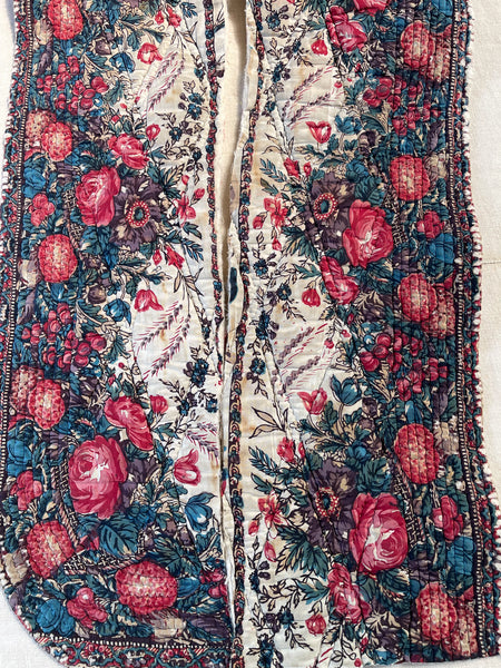 Antique Quilted Block Print & Hand Painted Floral Mezzaro Border: C19th Europe